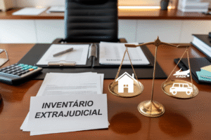 advogado calculando bens em inventário extrajudicial com dívidas em seu escritório